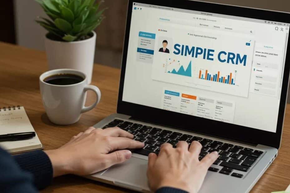 Small business owner using a simple CRM in a cozy workspace