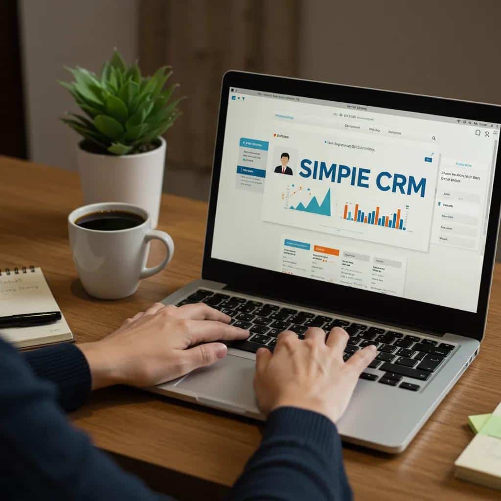 Small business owner using a simple CRM on a laptop in a cozy workspace, featuring a coffee cup and plant, illustrating efficient customer management solutions.