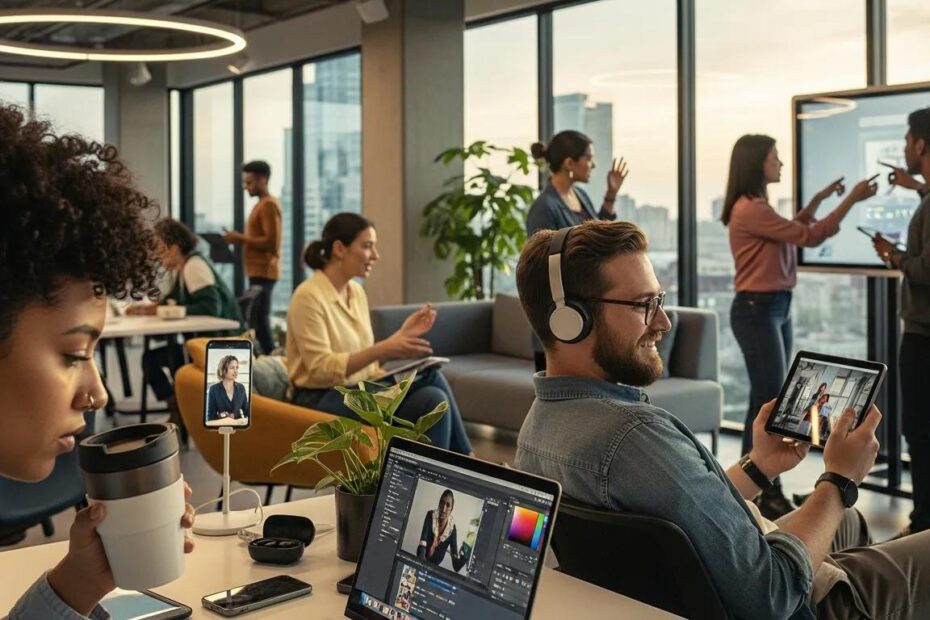 Diverse individuals engaging with digital media devices in a modern setting