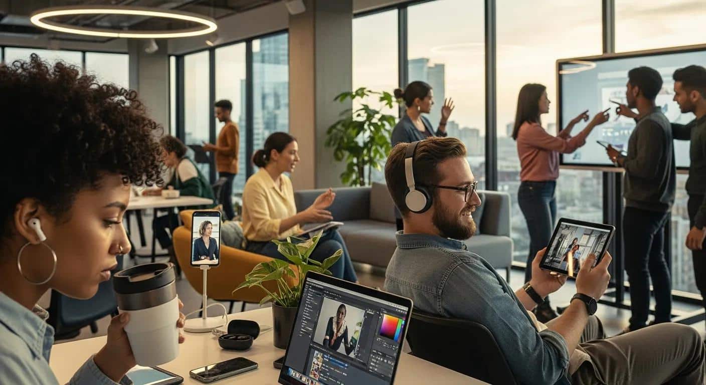 Diverse individuals engaging with digital media devices in a modern setting