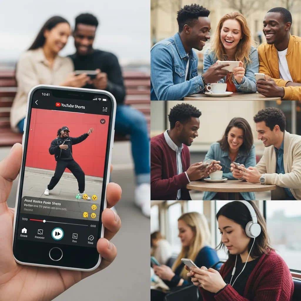 People enjoying short-form video content on smartphones in casual settings