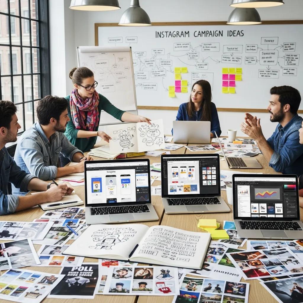 Creative team brainstorming Instagram advertising campaign ideas in a vibrant workspace