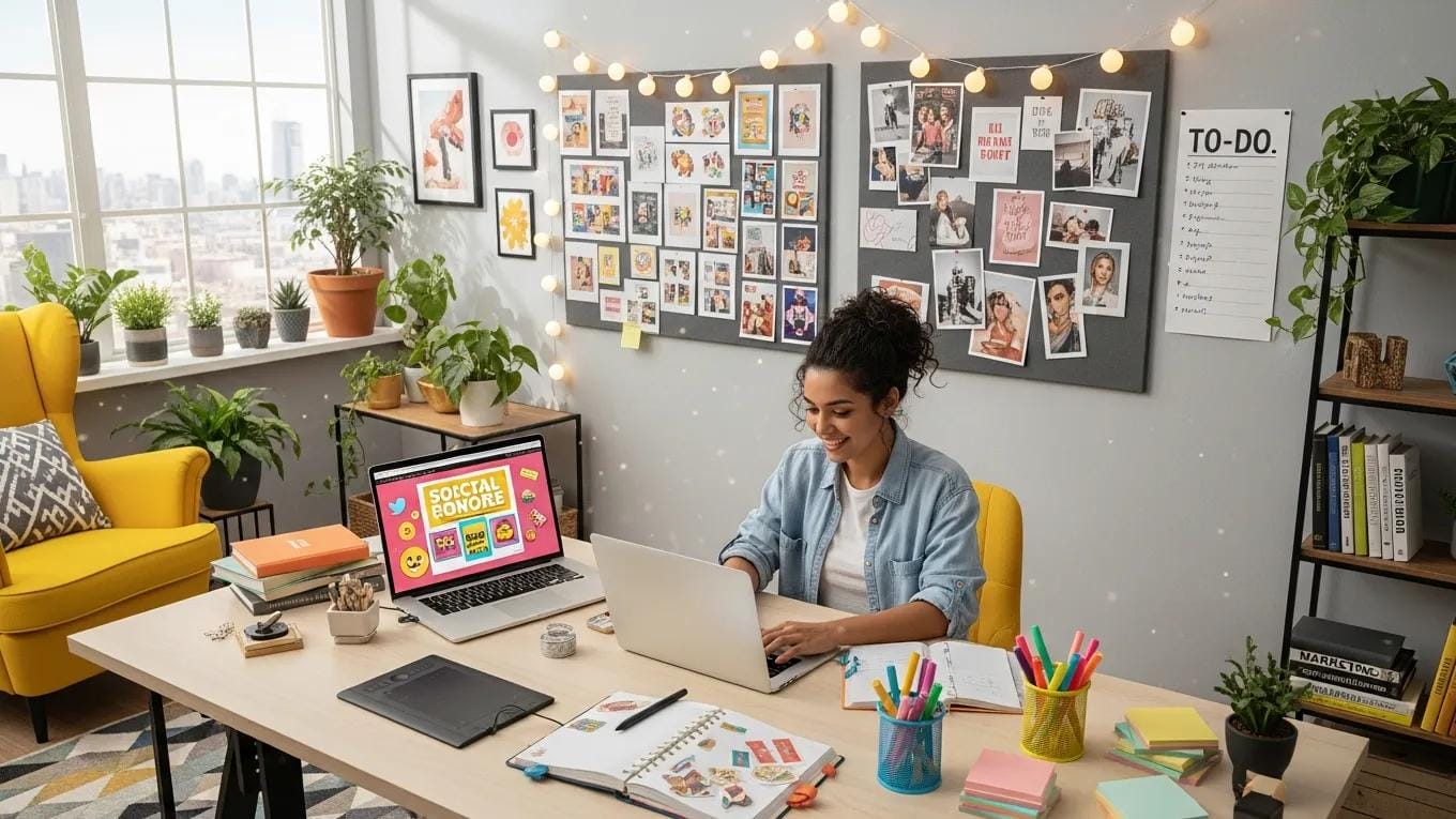 Creative workspace with a content creator designing engaging social media posts, highlighting content creation