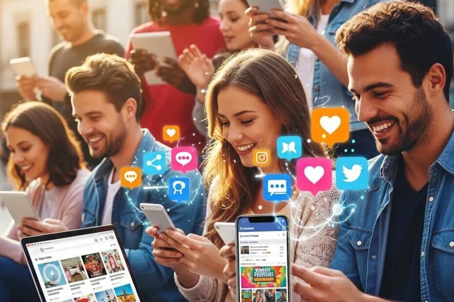 Diverse group of people engaging with social media on devices, highlighting social media advertising