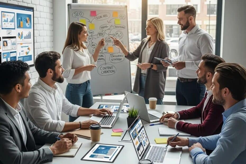 Diverse small business owners collaborating with a marketing agency in a modern office setting