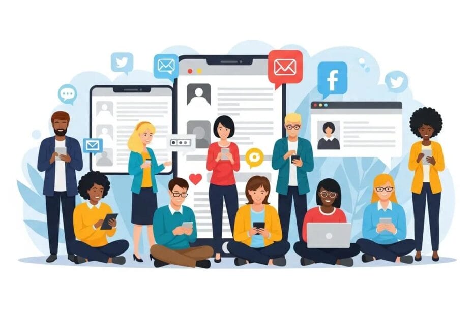 Group of diverse individuals engaging with social media on devices, illustrating social media marketing strategies