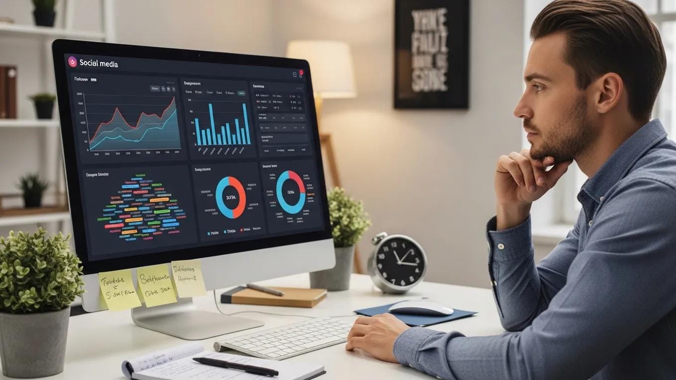 Individual analyzing social media metrics on a computer, emphasizing the role of analytics in marketing strategies
