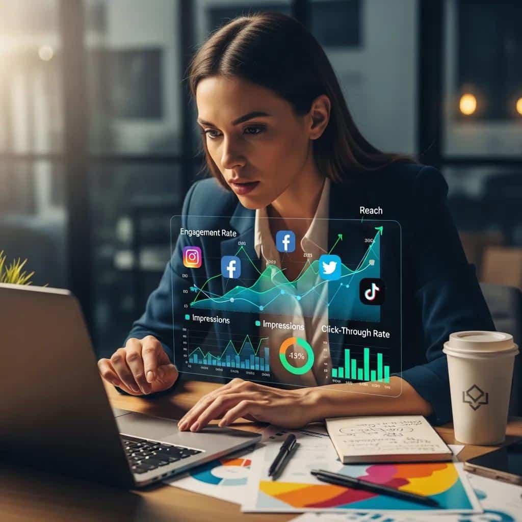 Marketing professional analyzing social media metrics for a campaign