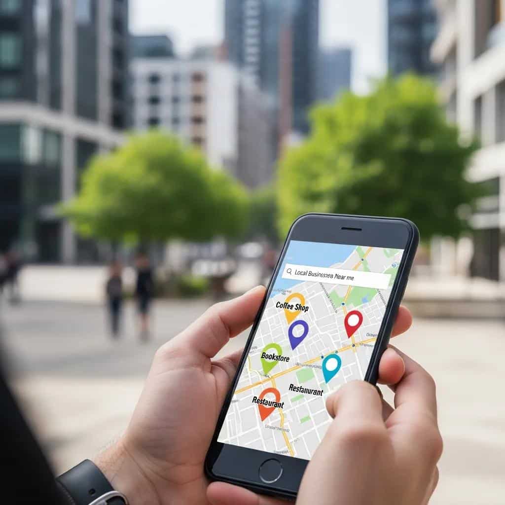 Person using a smartphone to search for local businesses with a cityscape background