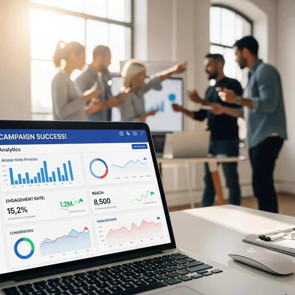Successful social media campaign analytics displayed on a laptop in a lively office environment