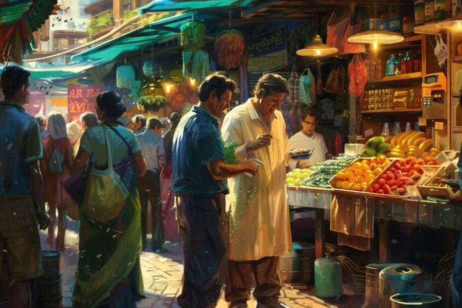 Small business owner engaging with customers in a vibrant market setting