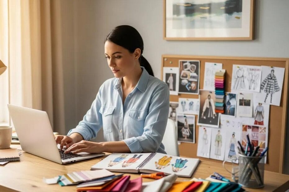 Small business owner designing a website in a creative workspace